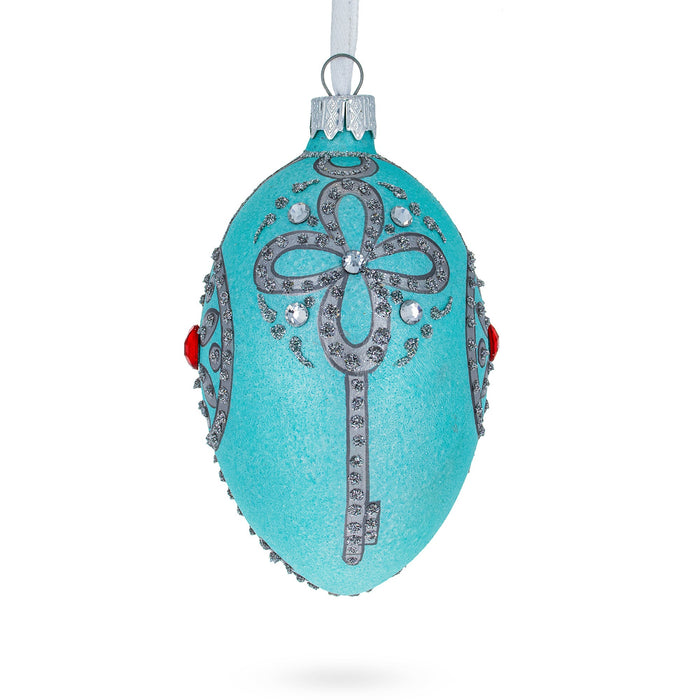 Hand-Painted German Glass Egg Ornament – American Art Nouveau Jeweled Key Pendant, 4 Inches