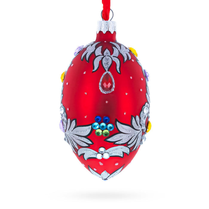 Hand-Painted German Glass Egg Ornament – Florence Designer Jeweled Pendant Necklace, 4 Inches
