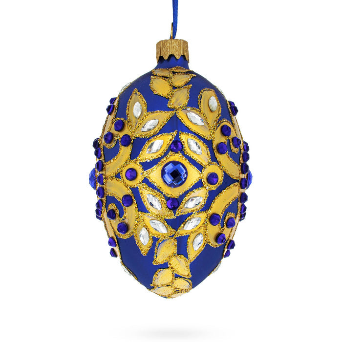 Hand-Painted German Glass Egg Ornament – Golden Leaves on Blue, 4 Inches