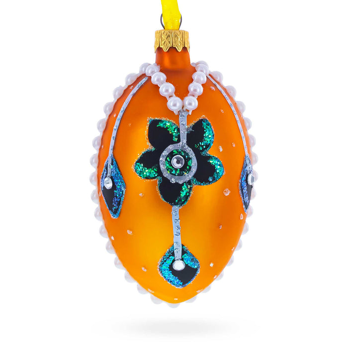Hand-Painted German Glass Egg Ornament – Italian Couturier Fine Jeweled Flower Necklace, 4 Inches