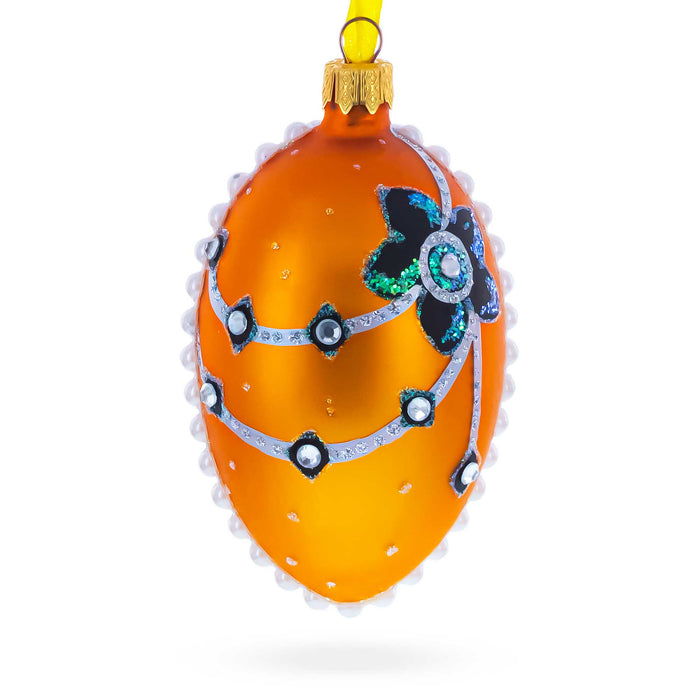 Hand-Painted German Glass Egg Ornament – Italian Couturier Fine Jeweled Flower Necklace, 4 Inches