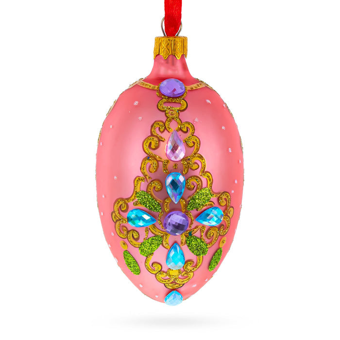 Hand-Painted German Glass Egg Ornament – Italian Fashion House Jeweled Brooch, 4 Inches