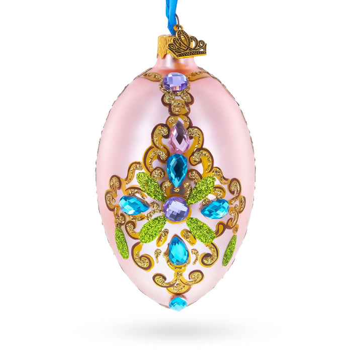 Hand-Painted German Glass Egg Ornament – Italian Fashion House Jeweled Cross, 4 Inches