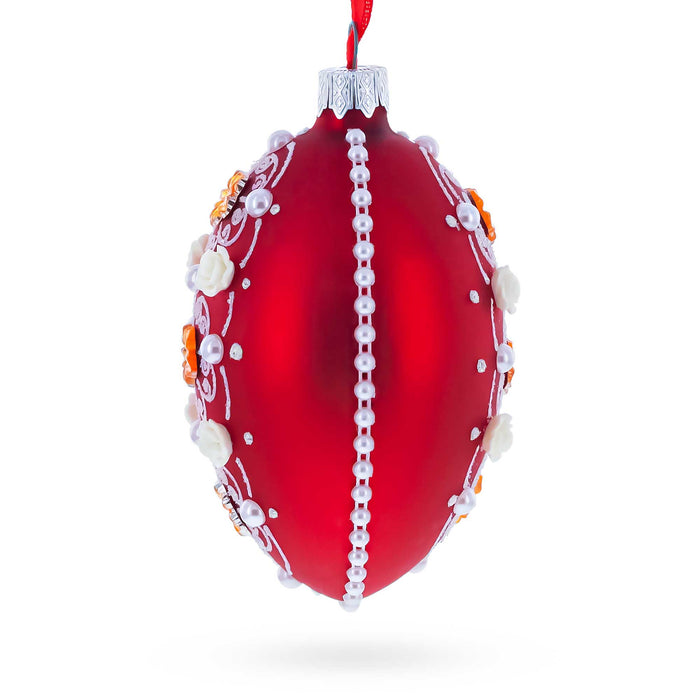Hand-Painted German Glass Egg Ornament – Jeweled Flowers on Red, 4 Inches