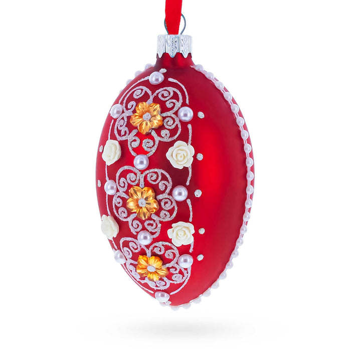 Hand-Painted German Glass Egg Ornament – Jeweled Flowers on Red, 4 Inches