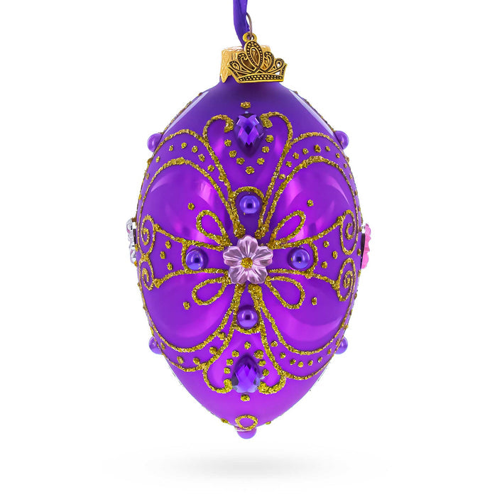 Hand-Painted German Glass Egg Ornament – Royal Purple & Gold Glitter Scrollwork with Gem Accents, 4 Inches
