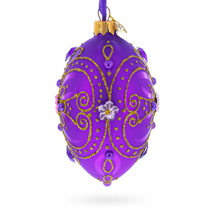 Hand-Painted German Glass Egg Ornament – Royal Purple & Gold Glitter Scrollwork with Gem Accents, 4 Inches