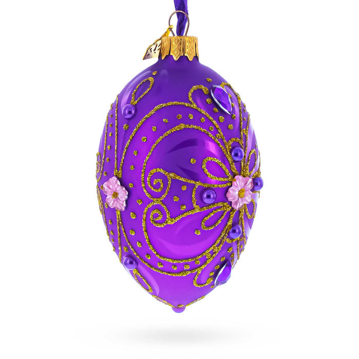 Hand-Painted German Glass Egg Ornament – Royal Purple & Gold Glitter Scrollwork with Gem Accents, 4 Inches