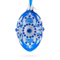 Hand-Painted German Glass Egg Ornament – Silver on Blue, 4 Inches