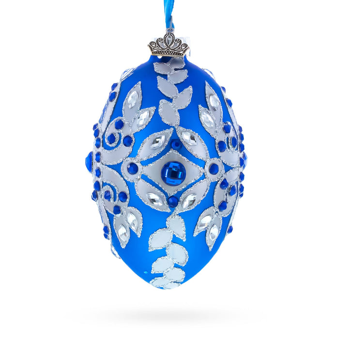 Hand-Painted German Glass Egg Ornament – Silver on Blue, 4 Inches