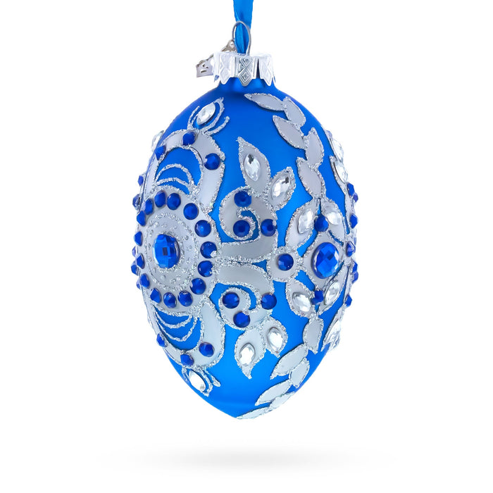 Hand-Painted German Glass Egg Ornament – Silver on Blue, 4 Inches