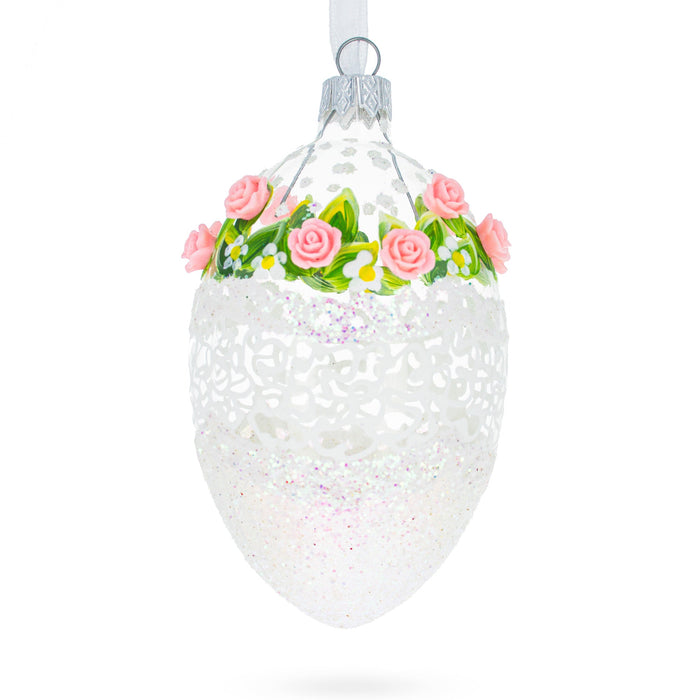 Hand-Painted Jeweled Pink Roses German Glass Egg Ornament, 4 Inches