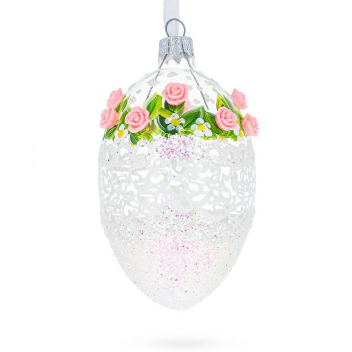 Hand-Painted Jeweled Pink Roses German Glass Egg Ornament, 4 Inches