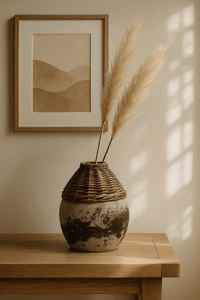 Hand-Woven Rattan & Clay Vase, Distressed