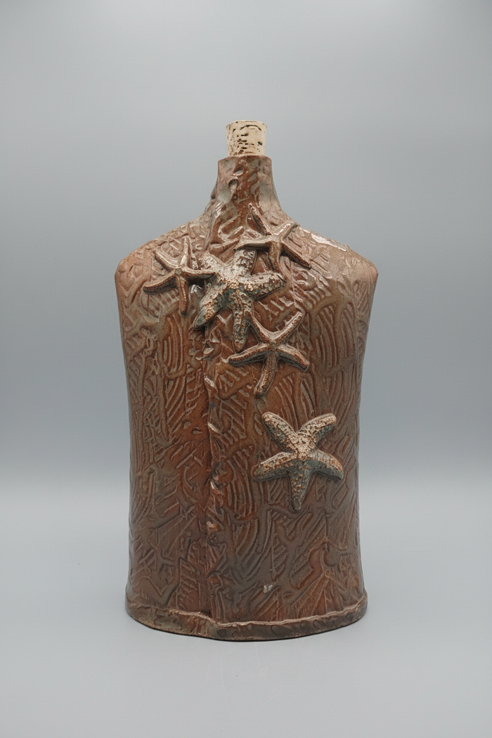 Handcrafted Ceramic Coastal Bottle Vase – Handcrafted Starfish Decor Rustic 10"