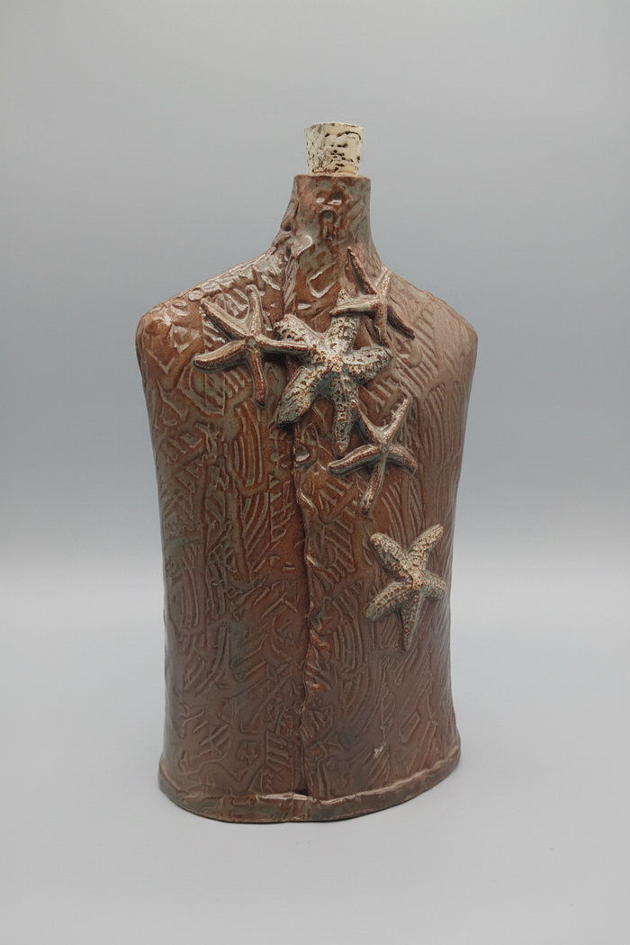 Handcrafted Ceramic Coastal Bottle Vase – Handcrafted Starfish Decor Rustic 10"
