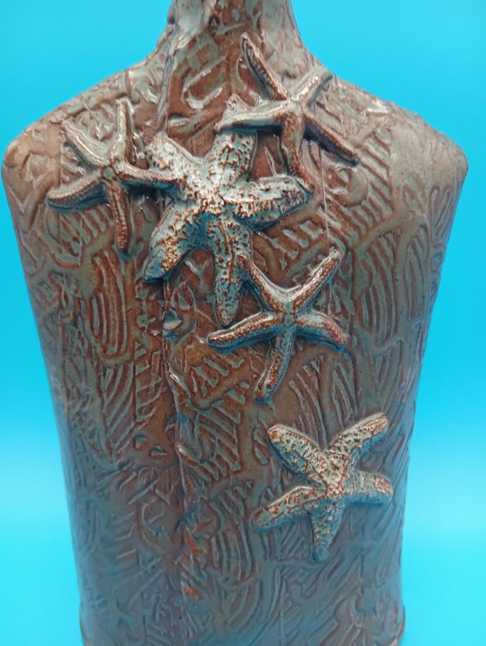 Handcrafted Ceramic Coastal Bottle Vase – Handcrafted Starfish Decor Rustic 10"