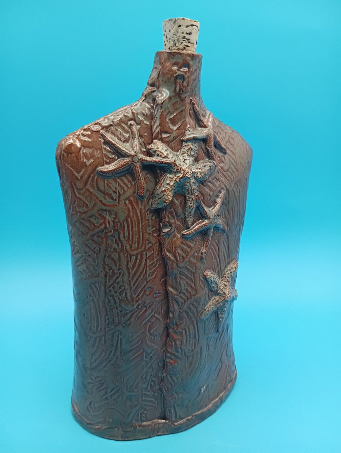 Handcrafted Ceramic Coastal Bottle Vase – Handcrafted Starfish Decor Rustic 10"