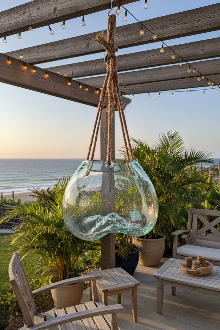Hanging Fluid Freeform Glass Molten Terrarium with Rope