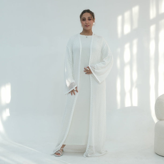 Hollow-Out Knit Open Abaya Cardigan with Waist Belt(MOA315)