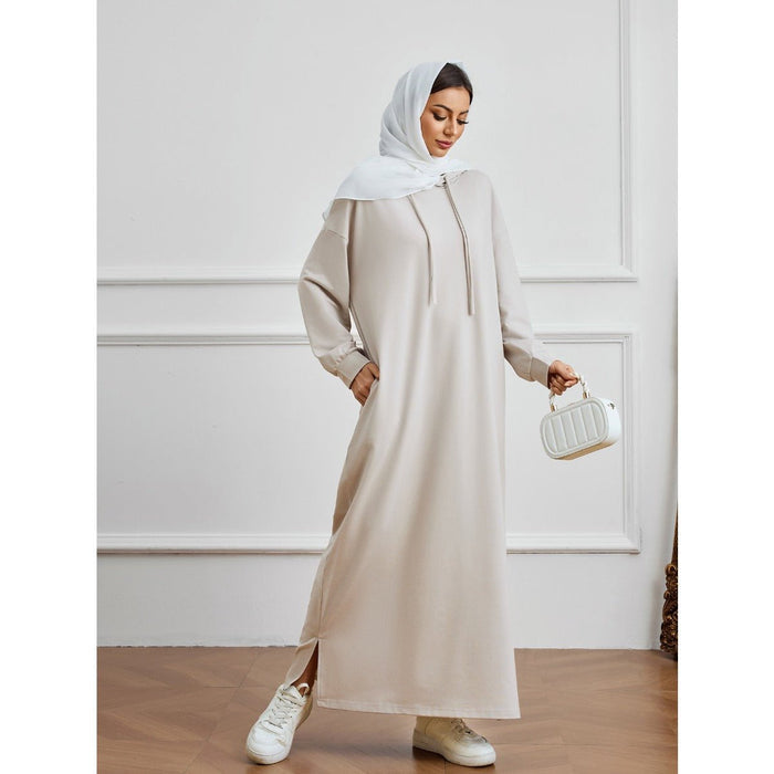 Hooded Pocket Casual Solid Color Dress Robe - Modest Long Sleeve Lounge Dress with Drawstring Hood(MA282)