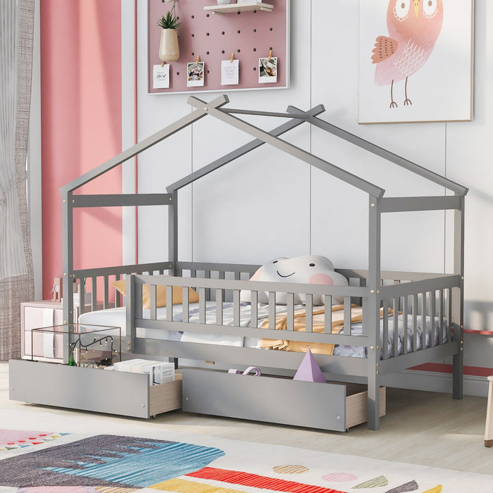 House Bed with 2 Storage Drawers – Twin & Full in 4 Colors