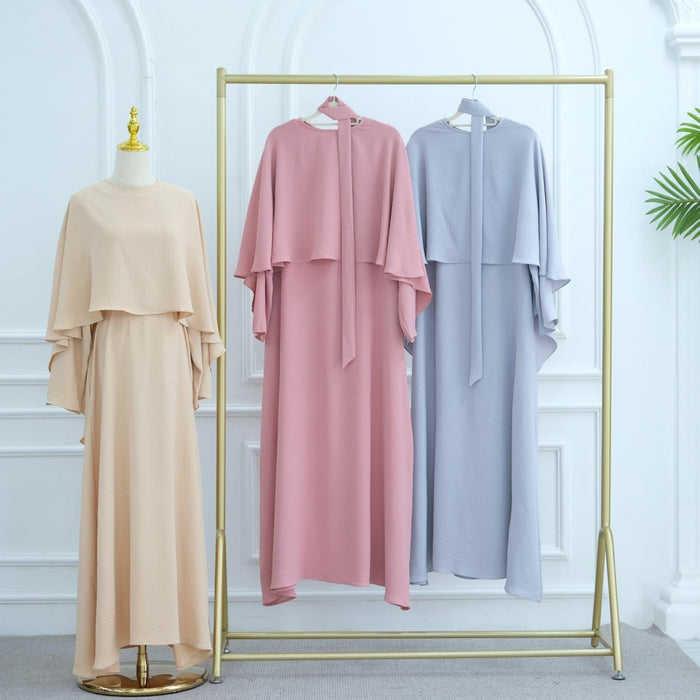 Ice Silk Crinkle Cape Set | 3-Piece Solid Color Abaya with Inner Dress & Belt(MA304)