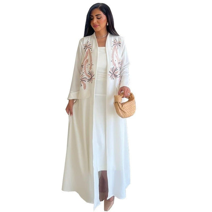 Ice Silk Crinkle Fabric  Embroidered V-Neck Abaya(MOA234)