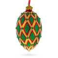 Jeweled Green IKAT on Red Glass Egg Christmas Ornament 4 Inches