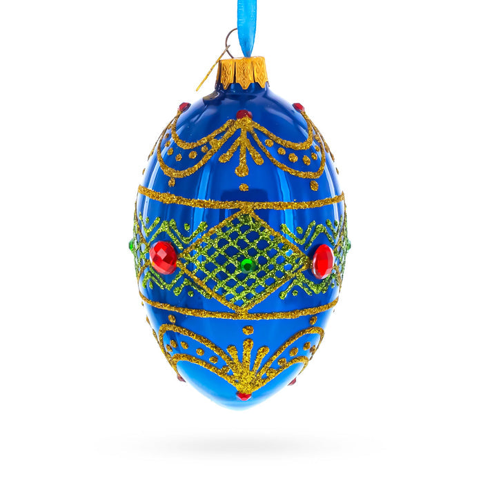 Jeweled Red on Blue Glass Egg Ornament 4 Inches