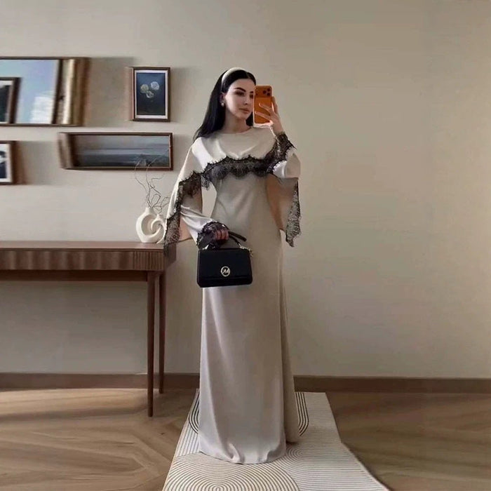 Lace Splice Satin Maxi Dress with Fixed Cape(MS438)