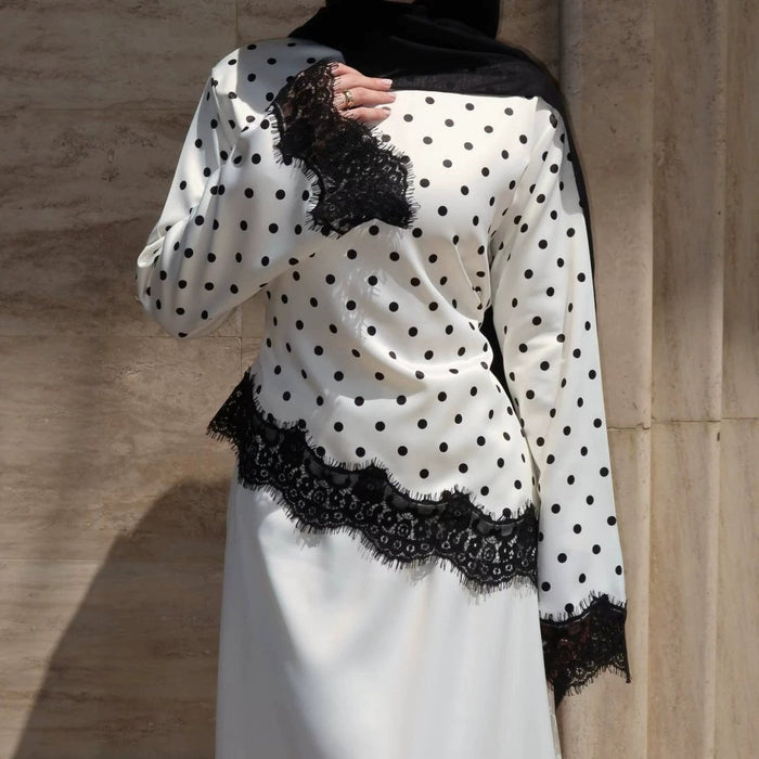 Lace Trim Contrast Panel Satin Top(MS407)