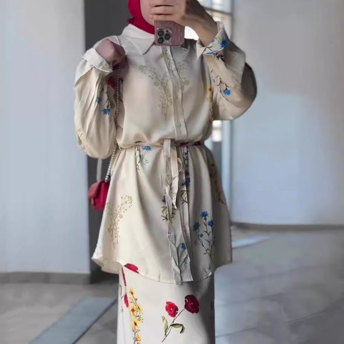 Lace-Up Thin Fashion Flower Print Dress Set(MS082)