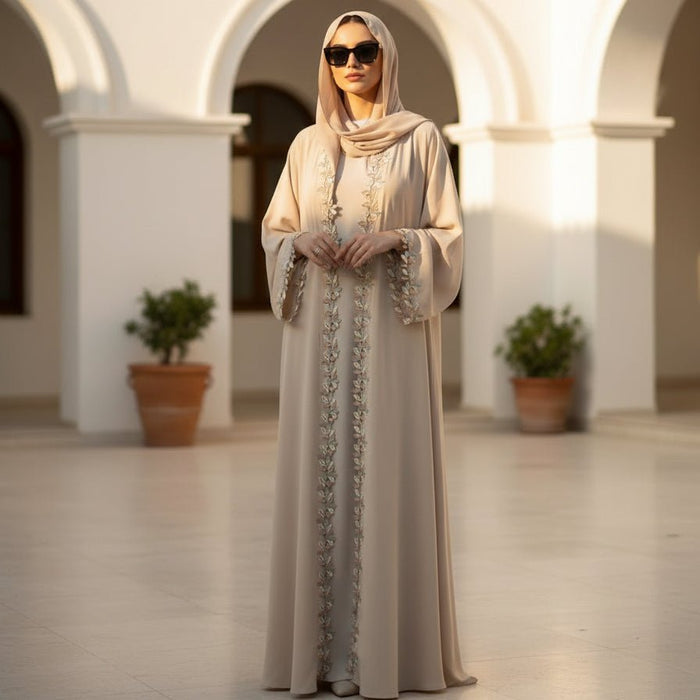 Leaf Lace Trim Abaya | Elegant Embroidered Open-Front Maxi Dress(MOA255)