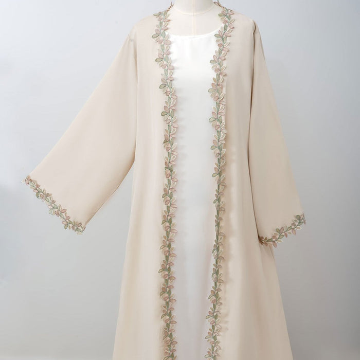 Leaf Lace Trim Abaya | Elegant Embroidered Open-Front Maxi Dress(MOA255)