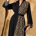 Leopard Print Colorblock Abaya | Deep V-Neck Belted Maxi Dress(MS213)