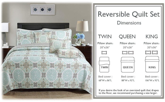 Light Green Damask 3-Piece Reversible Quilt Bedding Set