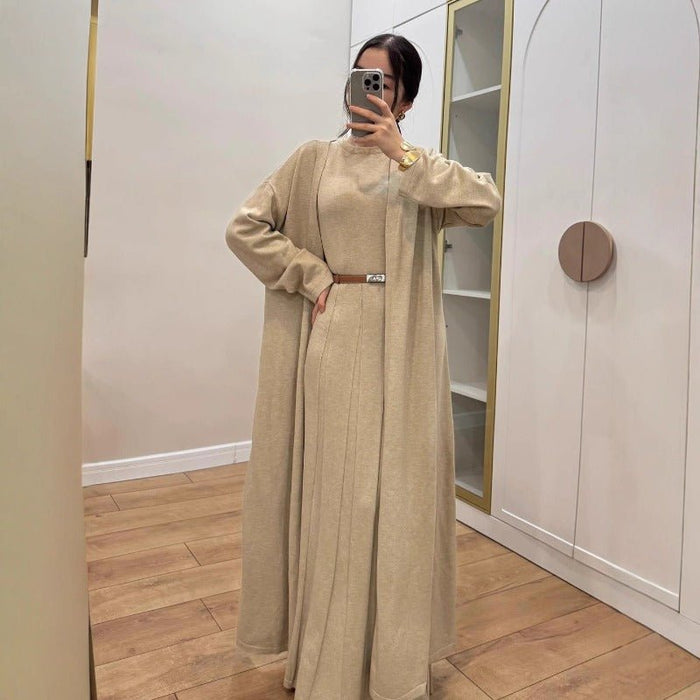 Long Open Cardigan & Pleated Dress Set(MS195)