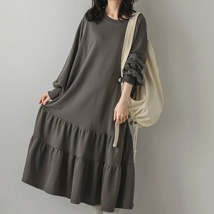 Loose Fit Ruffled Sweatshirt Maxi Dress(MS151)