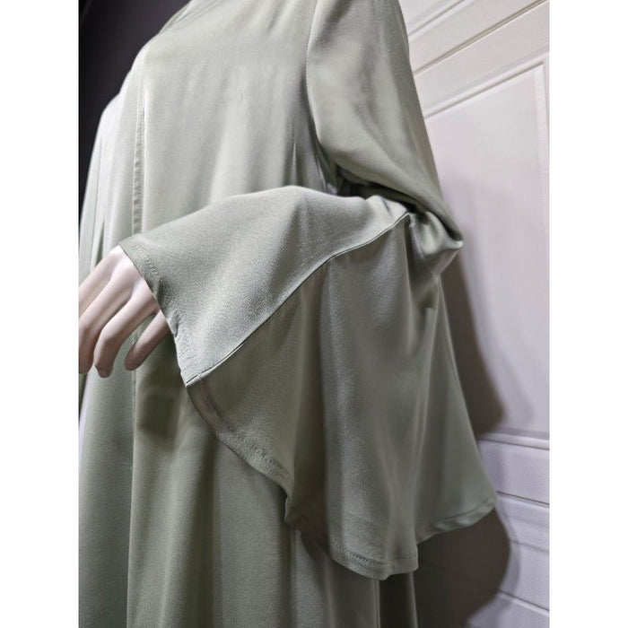 Lotus Leaf Sleeve Solid Soft Satin Open Front Abaya Dress | Lightweight Modest Abaya Cover(MOA220)