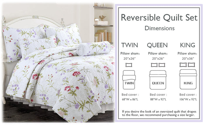 Lucie Light Pink Lavender Floral 3-Piece Reversible Quilt Bedding Set