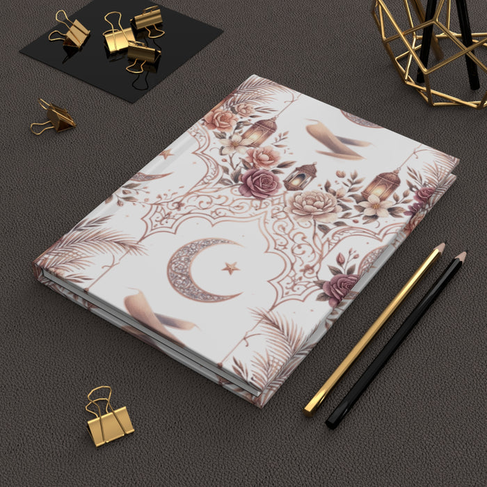 Lunar Rose Hardcover Journal — Crescent Moon & Lantern Floral Notebook