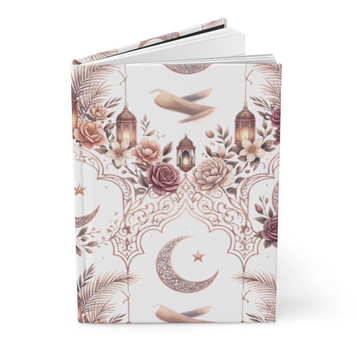 Lunar Rose Hardcover Journal — Crescent Moon & Lantern Floral Notebook