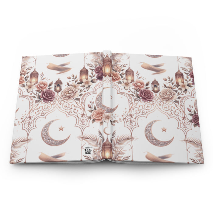 Lunar Rose Hardcover Journal — Crescent Moon & Lantern Floral Notebook