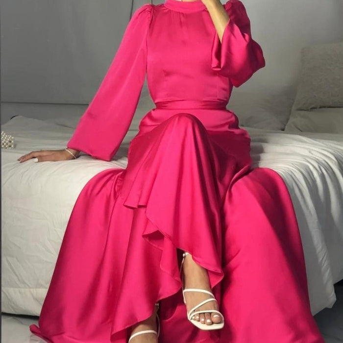 Luxe Satin Ruffle Hem Maxi Dress | Elastic Cuff Belted Abaya (MS187)