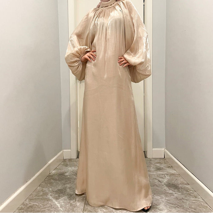 Luxurious Shimmer Abaya with Lantern Sleeves | Stand Collar Back Tie Maxi Dress(MA324)