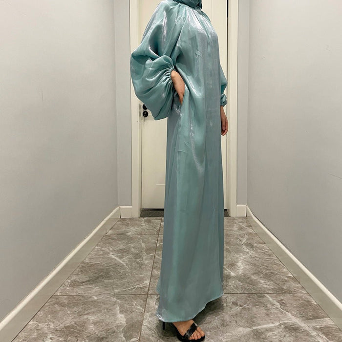 Luxurious Shimmer Abaya with Lantern Sleeves | Stand Collar Back Tie Maxi Dress(MA324)