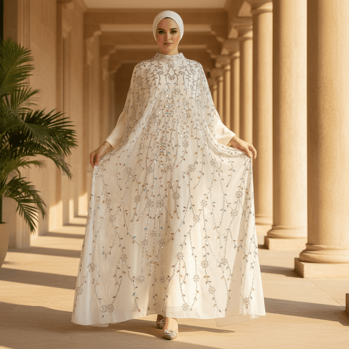 Luxury Crystal Embellished Cape Abaya Set with Inner Dress (MA390)