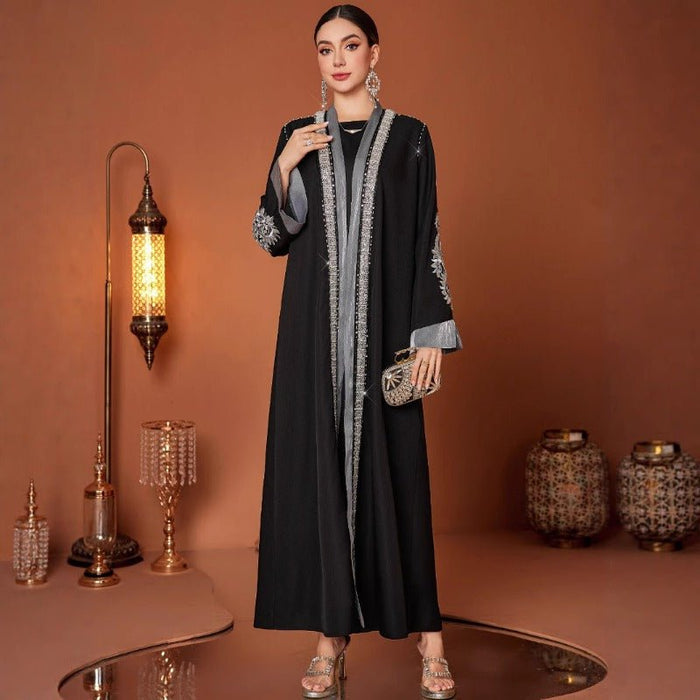 Luxury Embroidered Rhinestone Abaya | Open Front with Contrast Trim & Split Cuffs(MOA235)