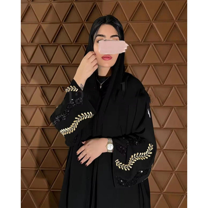 Luxury Muslim Golden Olive Abaya | Black Embroidered & Beaded Robe (MOA180)